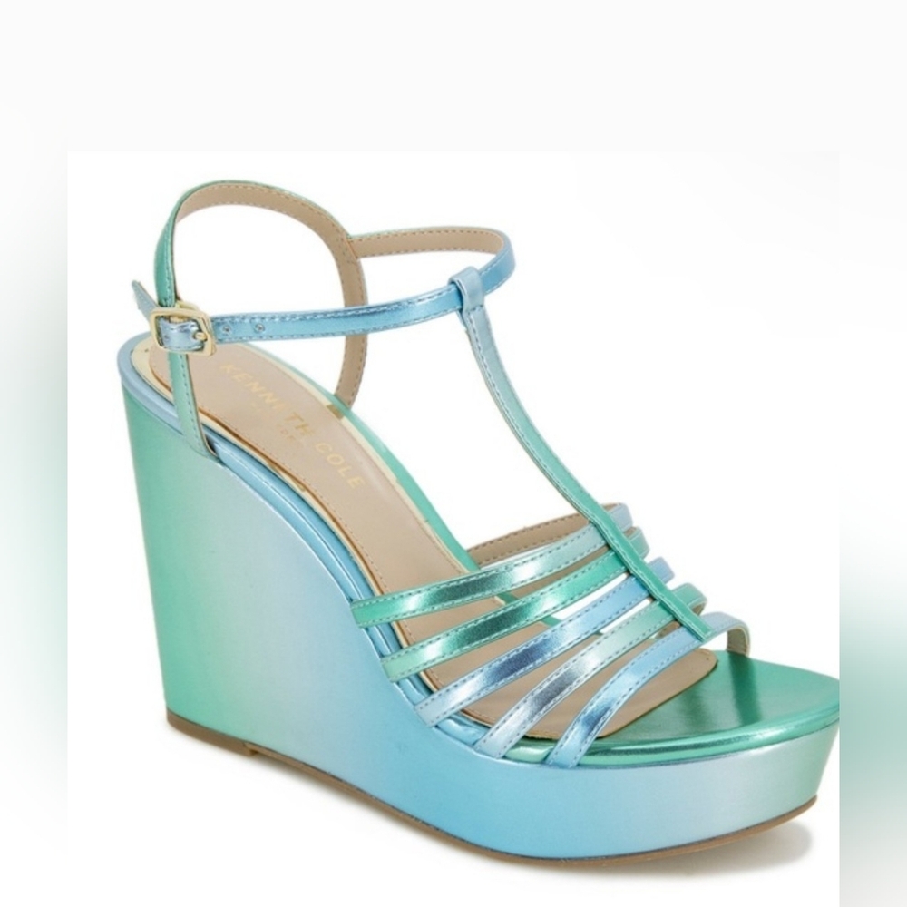 Kenneth Cole Celia Iridescent Blue-Green T-Strap Wedge Sandal Size 9M NIB